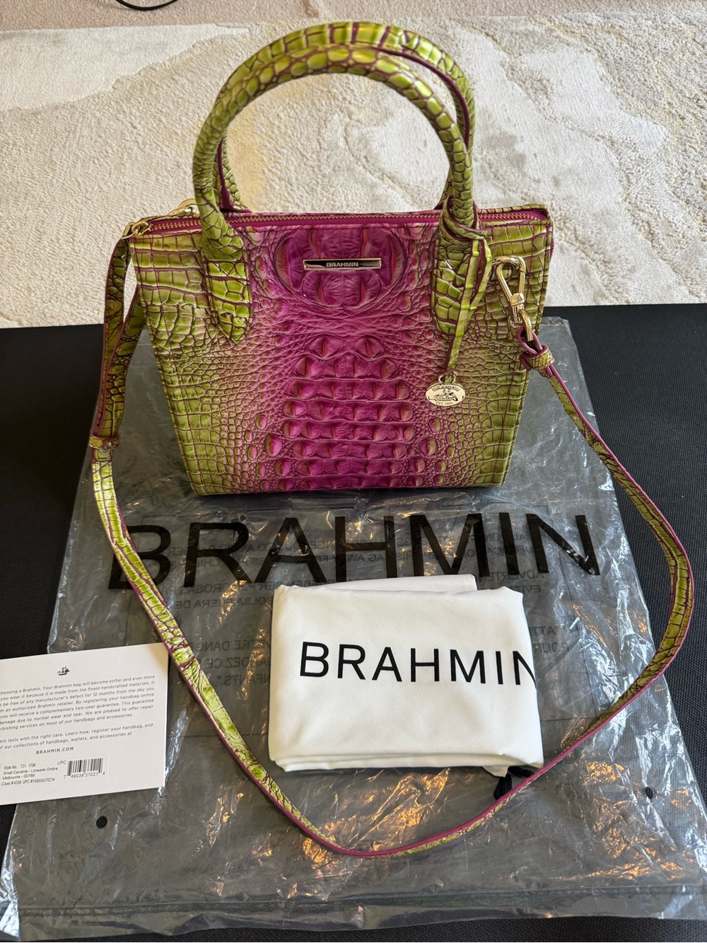 Brahmin Limeade to Fuchsia Ombre Croc-Embossed Satchel